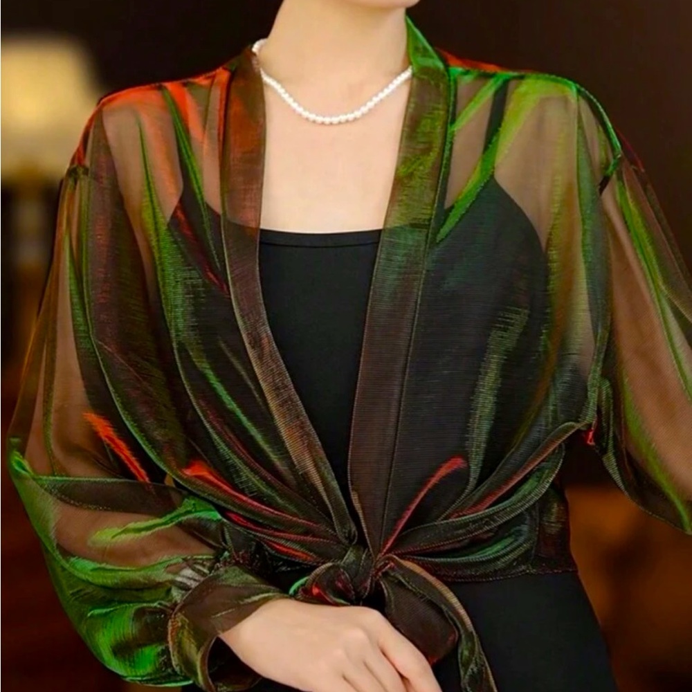 Iridescent green gradient sheer shaw tie cardigan sweater